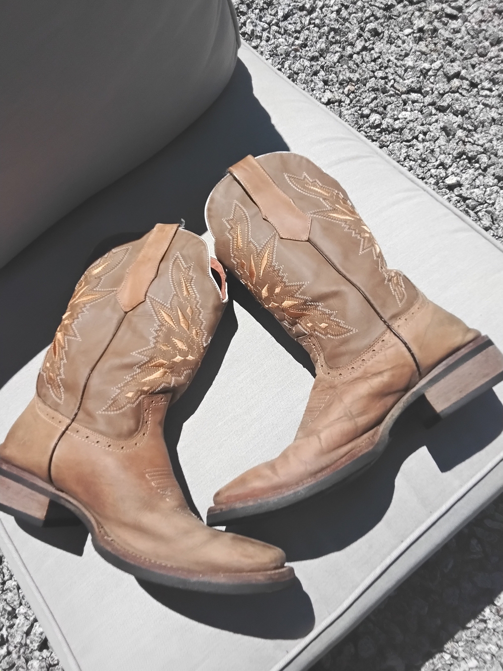 Men's Tan Leather Western Cowboy Boots with Embroidered Shaft